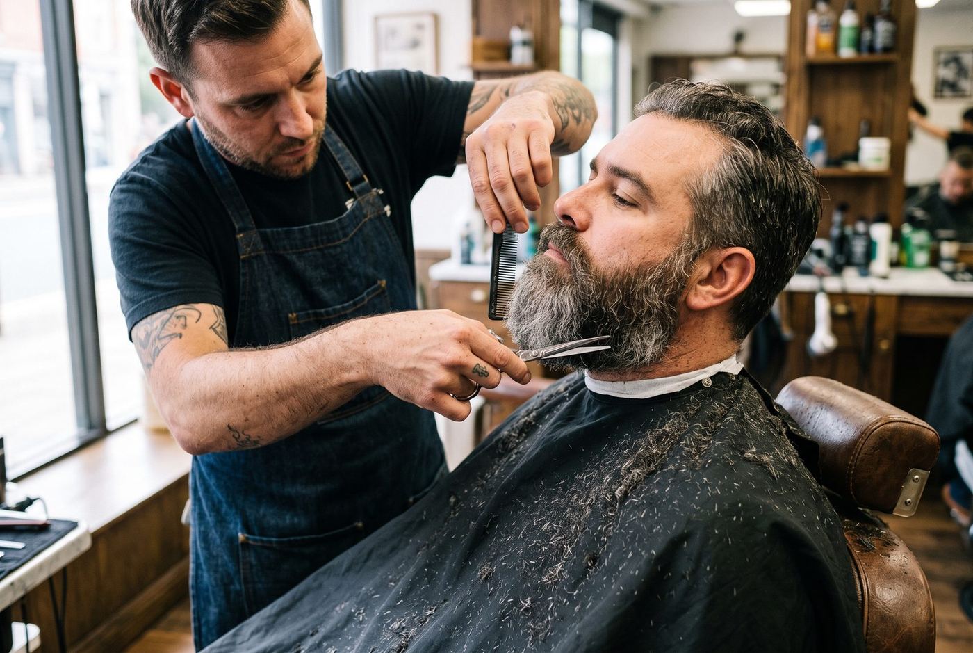 A barber in a denim apron combs a full grey beard upward and cuts along the jawline with shears, clippings across the cape.