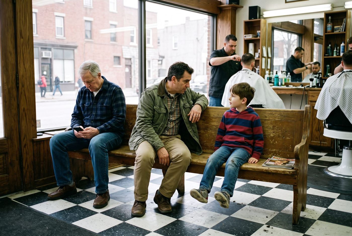 An older man looking at his phone, a man in a work jacket, and a boy in a striped jumper sitting along the wooden bench under the shop window while two chairs cut behind them.