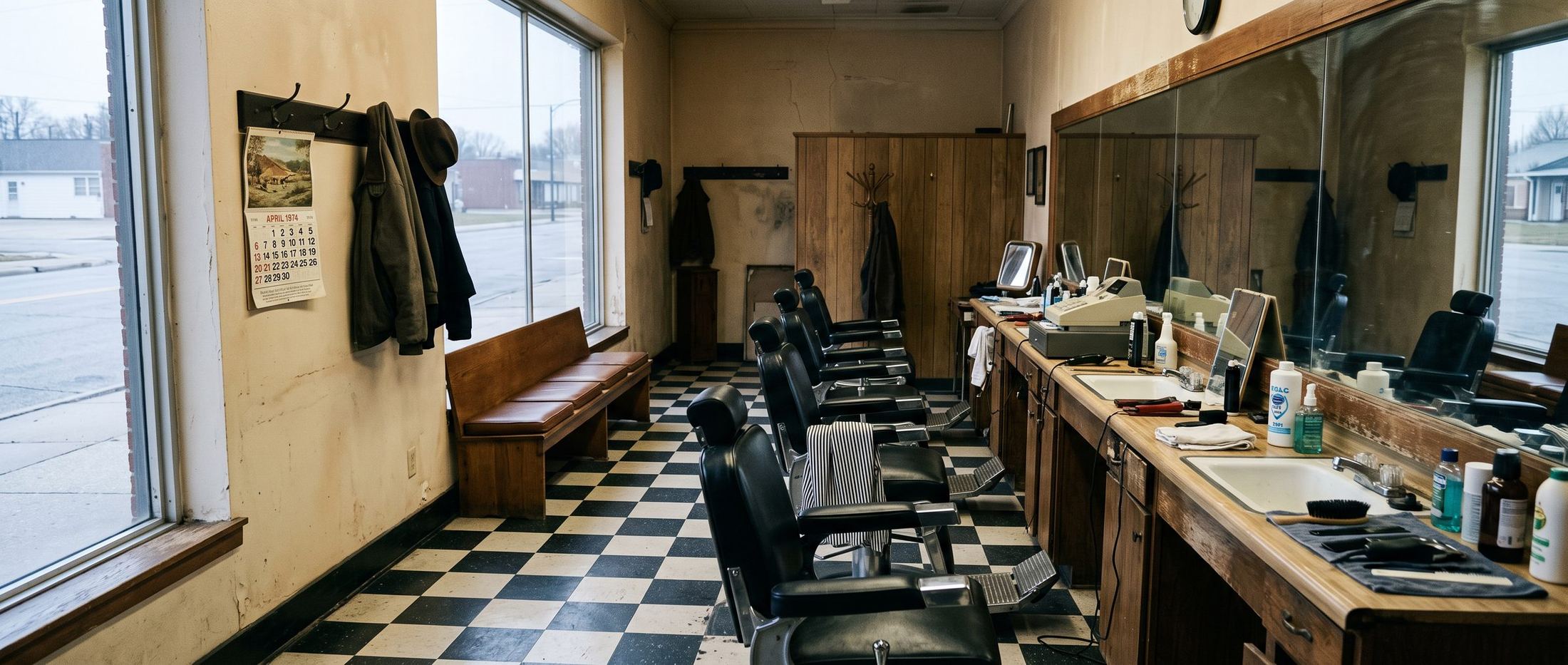 The shop before opening: black hydraulic chairs in a row facing the long mirror and back bar, a black and white checkerboard floor, and the wooden bench under the front window with coats on the hooks beside it.