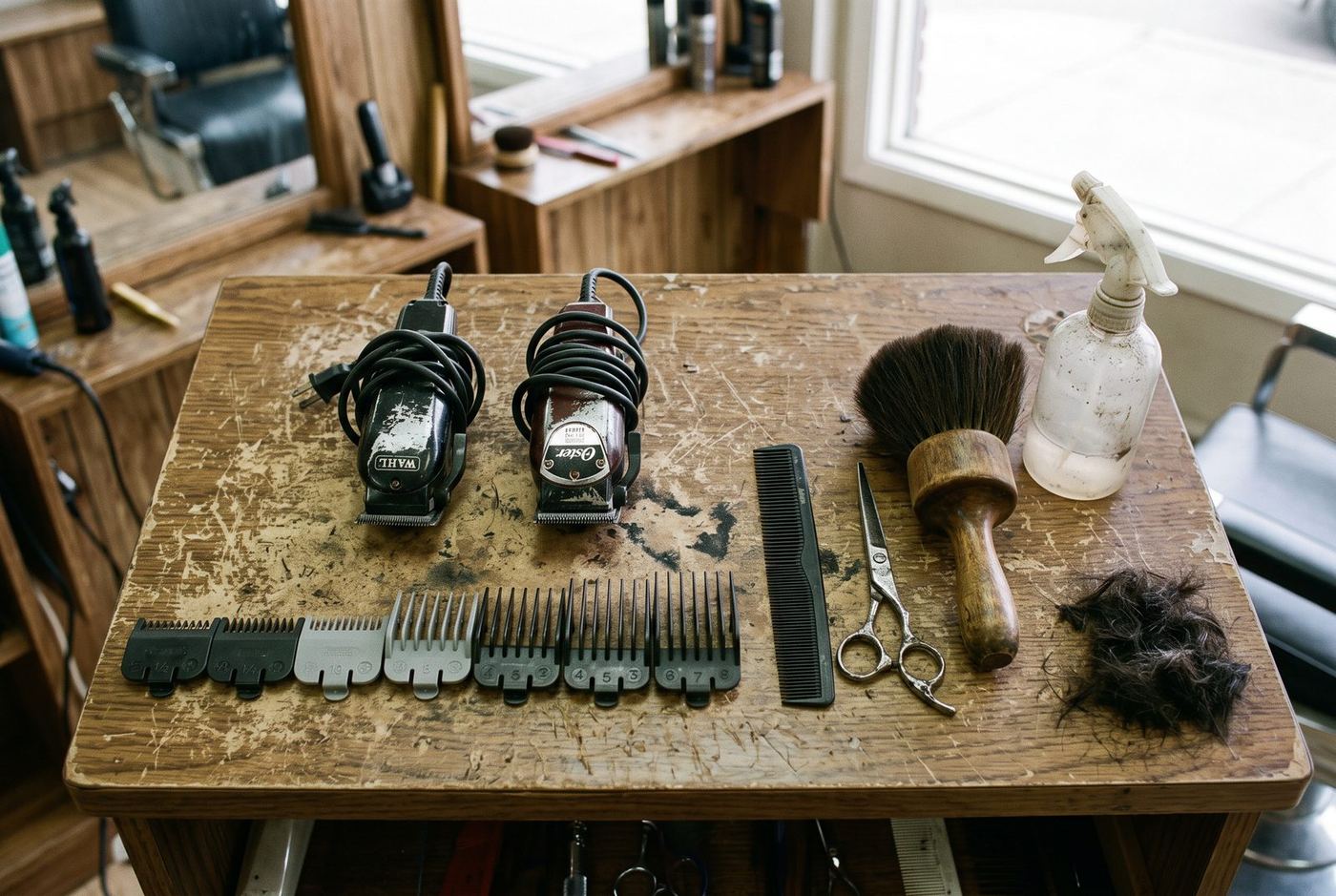 A barber's station from above: two clippers with their cords coiled, seven guards laid out in size order along the front edge, a comb, shears, a wooden neck duster, a spray bottle and a swept pile of cut hair.