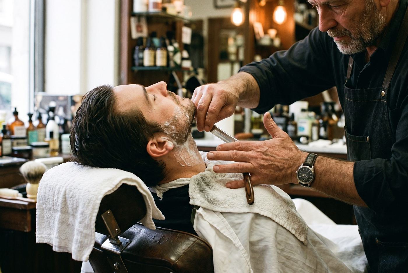 A barber leans over a reclined man in the chair, hot towel over his shoulder, drawing a straight razor down through the lather on his cheek.